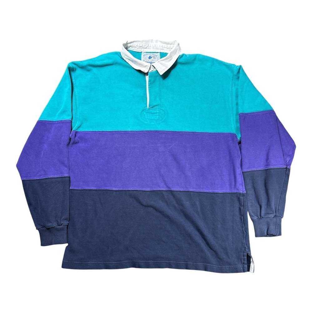 Vintage Lands End Rugby Shirt XL Men Colorblock Teal Purple Made in USA Distress